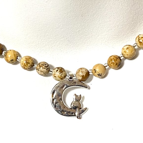 Jasper Stone Silver Cat on the Moon Necklace, Genuine Gemstone Beaded Necklace - Picture 3 of 8